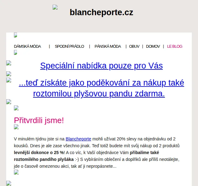 Blancheporte: 25% sleva na 2+ kousky + plyšová panda – červen 2026 | Nuslet.cz