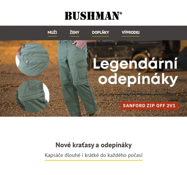 BUSHMAN: Nové kraťasy a odepínáky – červen 2026 | Nuslet.cz