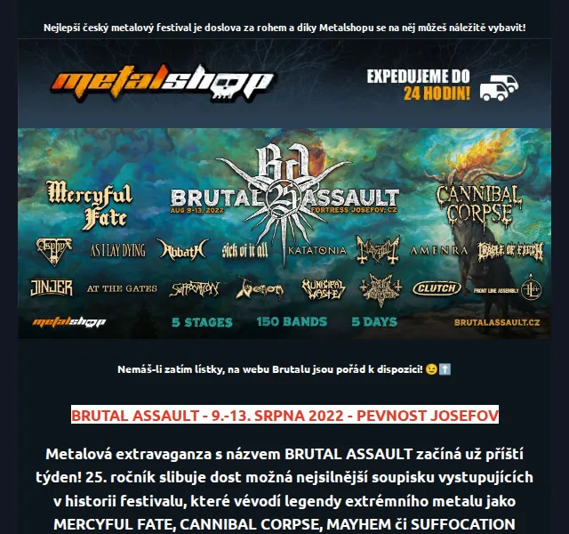 METALSHOP: Vybav se na Brutal Assault 2026 – trička od 499 Kč – červen 2026 | Nuslet.cz