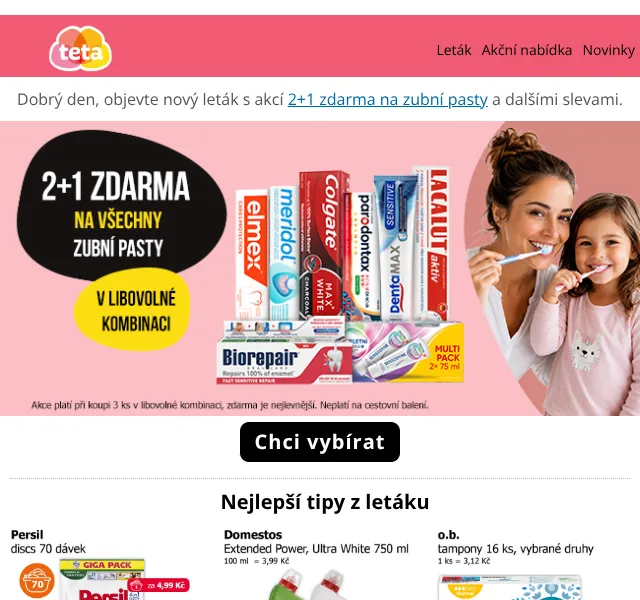 Teta drogerie: 2+1 zdarma na zubní pasty – srpen 2026
