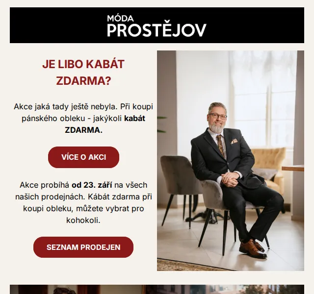 Móda Prostějov: oblek + kabát zdarma – září 2026 | Nuslet.cz