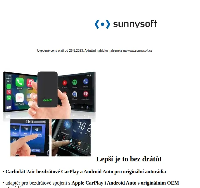 Sunnysoft: bezdrátové CarPlay, cyklopočítač s tachometrem – červen 2026 | Nuslet.cz