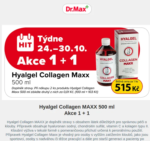 Dr.Max E-shop: Akce 1+1 na Hyalgel Collagen MAXX 500 ml – červen 2026 | Nuslet.cz