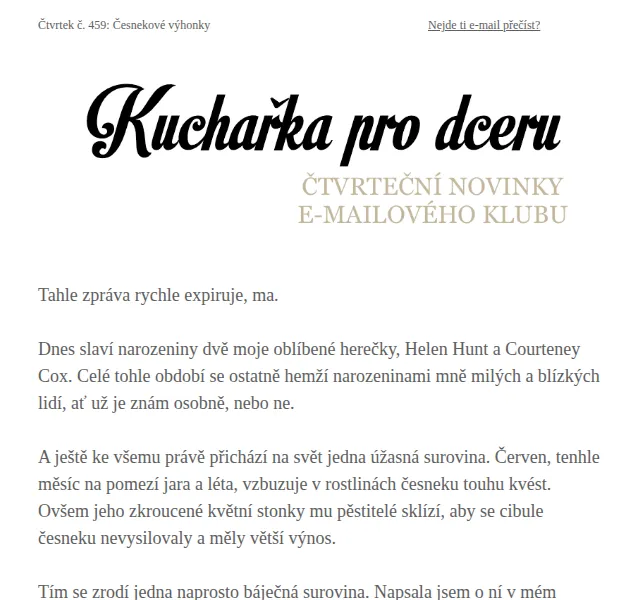 Florentýna - Kuchařka pro dceru: Česnekové výhonky – červen 2026 | Nuslet.cz