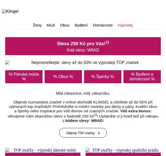 KLiNGEL: Sleva 250 Kč a až 50 % na TOP značky – červen 2026 | Nuslet.cz