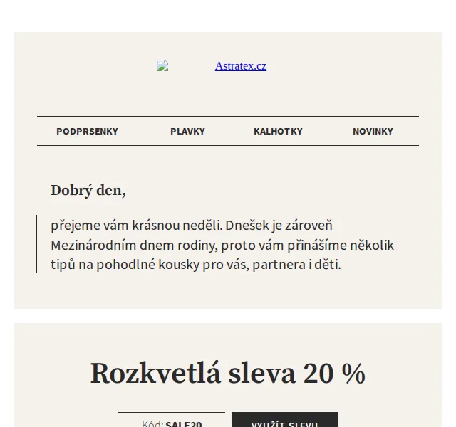 Astratex.cz: 20% sleva na prádlo pro celou rodinu – červen 2026 | Nuslet.cz