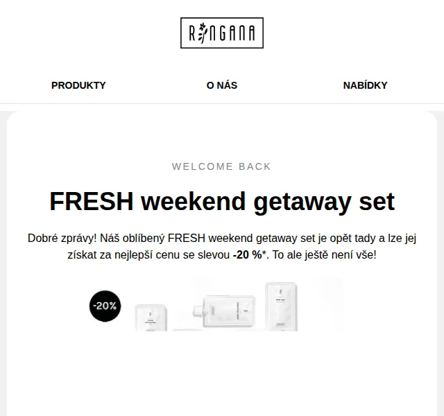 RINGANA: Fresh Weekend Getaway Set se slevou 20 % – červen 2026 | Nuslet.cz