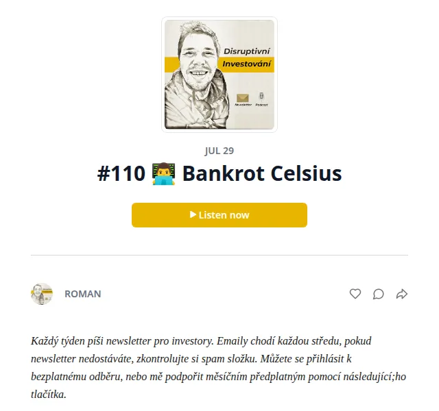 Substack: Newsletter o bankrotu Celsius - červen 2026 | Nuslet.cz