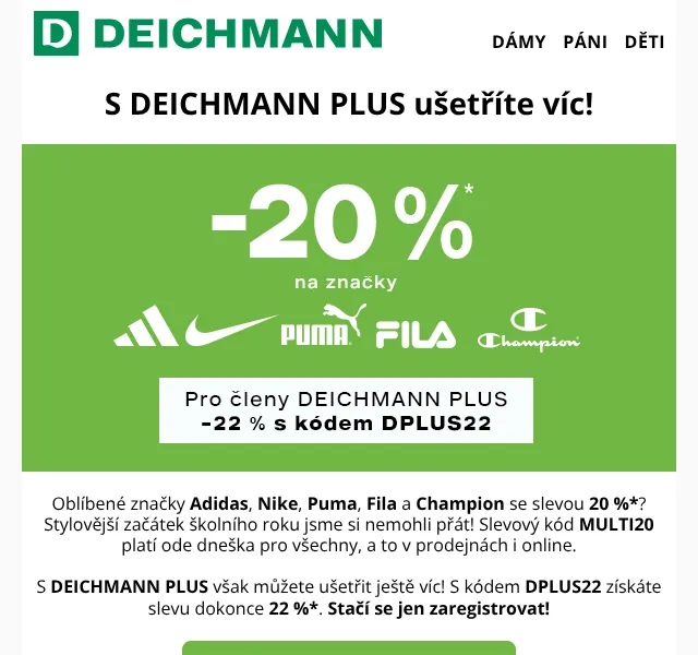 DEICHMANN: Adidas, Nike, Puma se slevou 22 % – září 2026