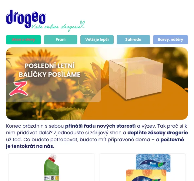 Drogeo: doprava zdarma + slevový kód LETO26 – srpen 2026