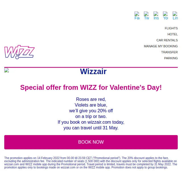 Wizz Air: 20 % sleva na letenky na Valentýna – červen 2026 | Nuslet.cz
