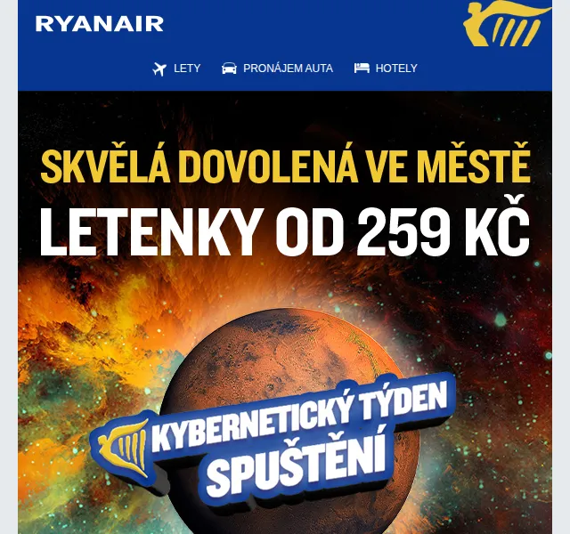 Ryanair: Kybernetický výprodej – letenky od 259 Kč – červen 2026 | Nuslet.cz