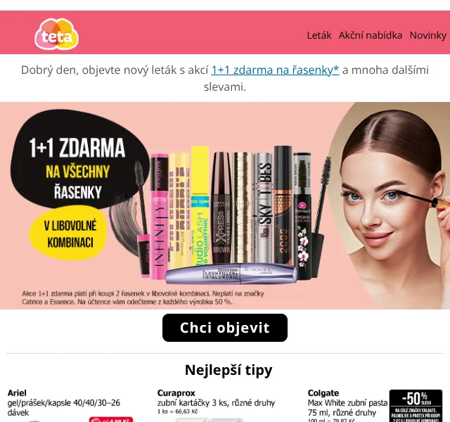 Teta drogerie: 1+1 zdarma na řasenky – červenec 2026