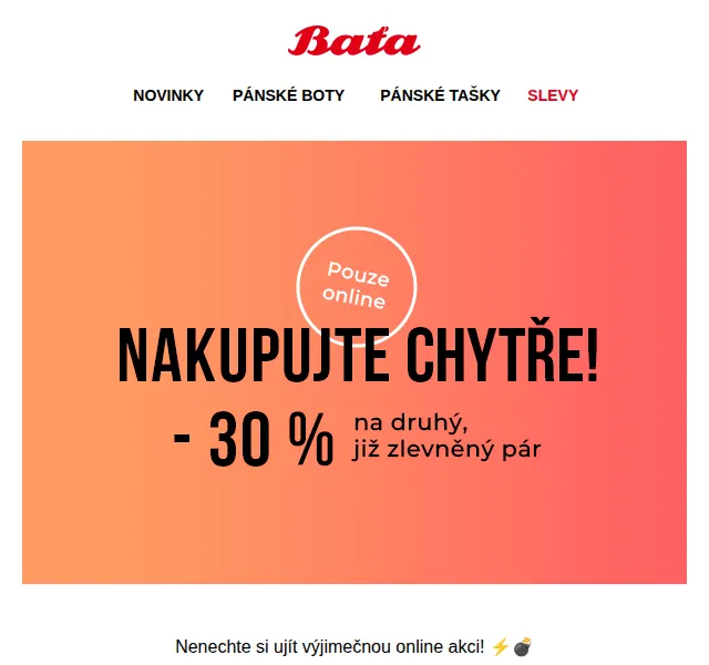 Baťa: Sleva 30 % na druhý zlevněný pár obuvi – červenec 2026 | Nuslet.cz