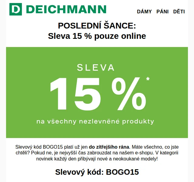 DEICHMANN: Sleva 15 % na e-shopu a 30 % na 2. pár – červen 2026 | Nuslet.cz