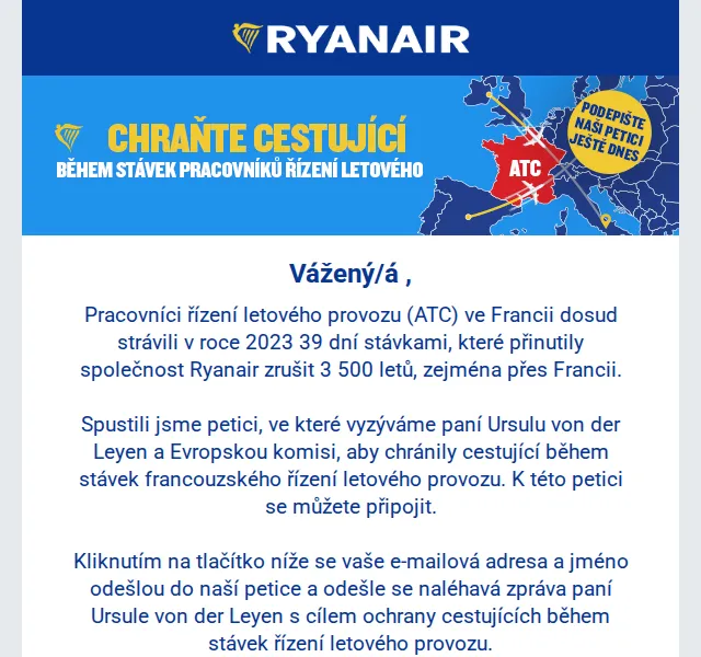 Ryanair: Podepište petici za ochranu cestujících – červen 2026 | Nuslet.cz