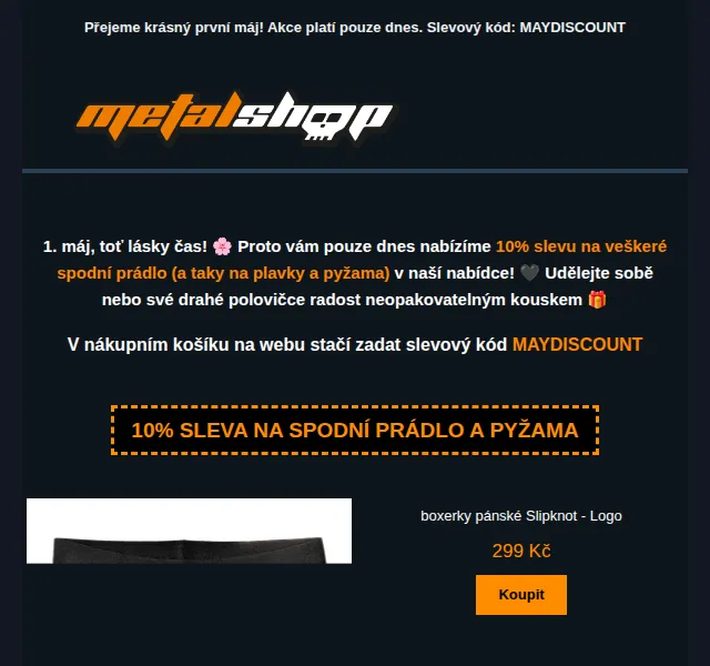 METALSHOP: 10% sleva na spodní prádlo, pyžama a plavky – červen 2026 | Nuslet.cz