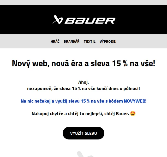 Bauer Hockey Česko: sleva 15 % na vše – červenec 2026 | Nuslet.cz