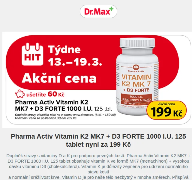 Dr.Max: Pharma Activ Vitamin K2 MK7 + D3 FORTE – červen 2026 | Nuslet.cz