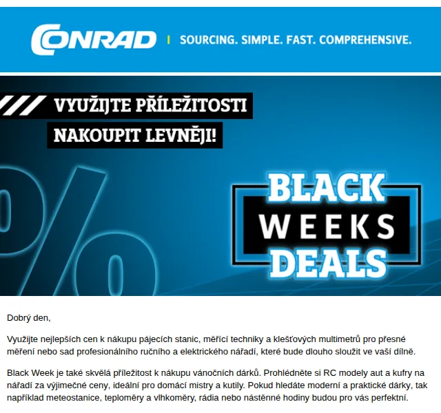 Conrad Electronic: Black Week slevy na nářadí a elektroniku – červen 2026 | Nuslet.cz