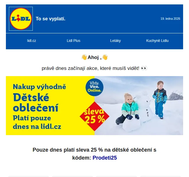 Lidl: 25 % sleva na dětské oblečení + hity týdne – leden 2026