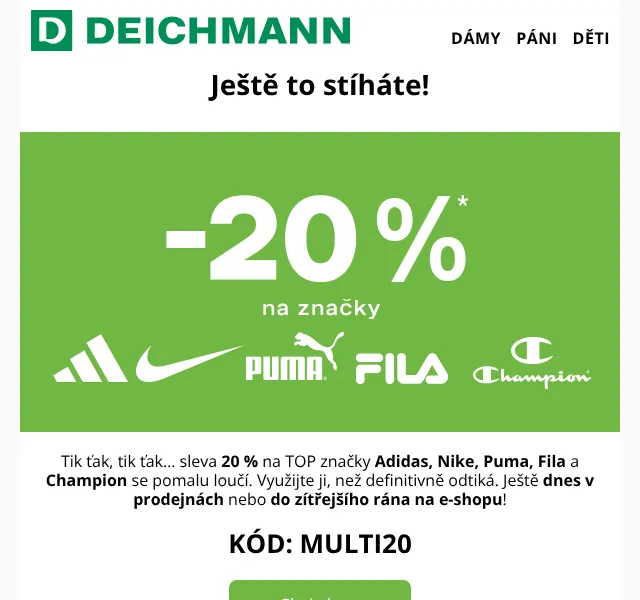 Deichmann: -20 % na Adidas, Nike, Puma – duben 2026