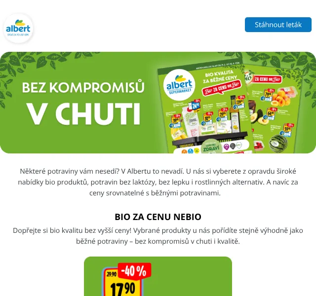 Albert: Bio produkty, bezlaktózové a bezlepkové potraviny – květen 2026