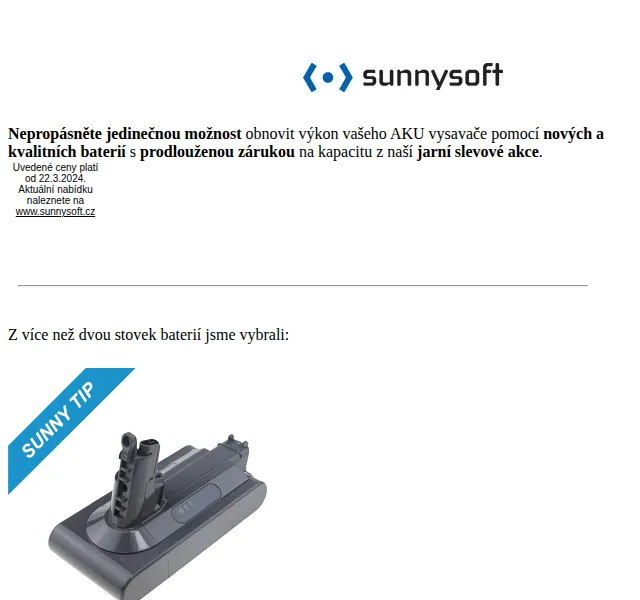 Sunnysoft: Baterie k vysavačům Dyson, Philips a Leifheit – červenec 2026 | Nuslet.cz