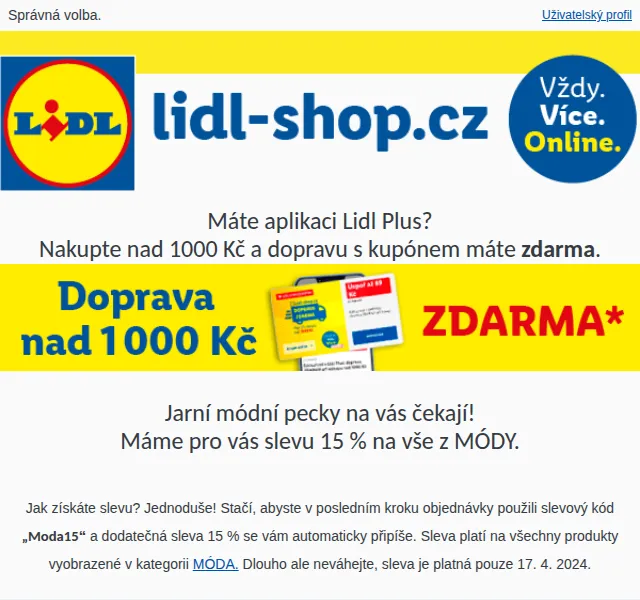 Lidl: Sleva 15 % na vše z MÓDY – červenec 2026 | Nuslet.cz