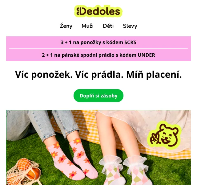 Dedoles.cz: 3+1 a 2+1 zdarma na ponožky a spodní prádlo – květen 2026