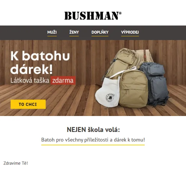BUSHMAN: Batoh Zuri/Jabari/Wayfarer + látková taška zdarma – červen 2026 | Nuslet.cz