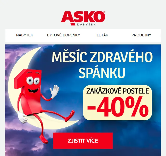 Asko Nábytek: sleva -40 % na zakázkové postele – červen 2026 | Nuslet.cz