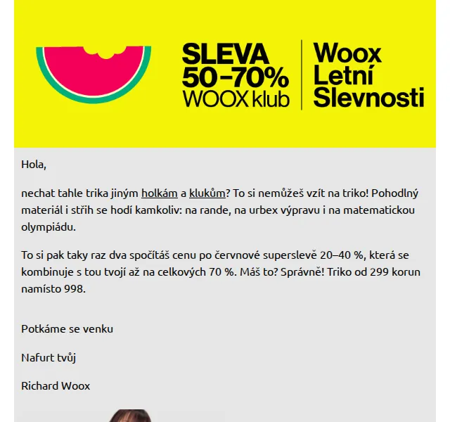 Richard Woox: trika se slevou 20–40 % – červen 2026 | Nuslet.cz