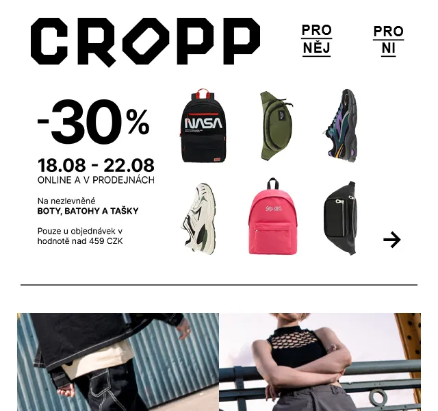 Cropp: Kalhoty a džíny – sleva 30 % na boty a tašky – červen 2026 | Nuslet.cz