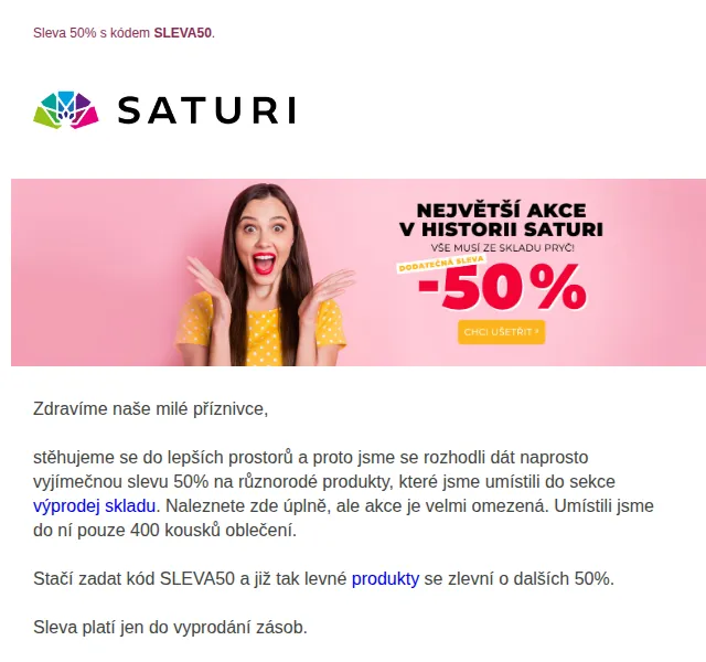 Saturi: Sleva 50 % na výprodej skladu – červen 2026 | Nuslet.cz