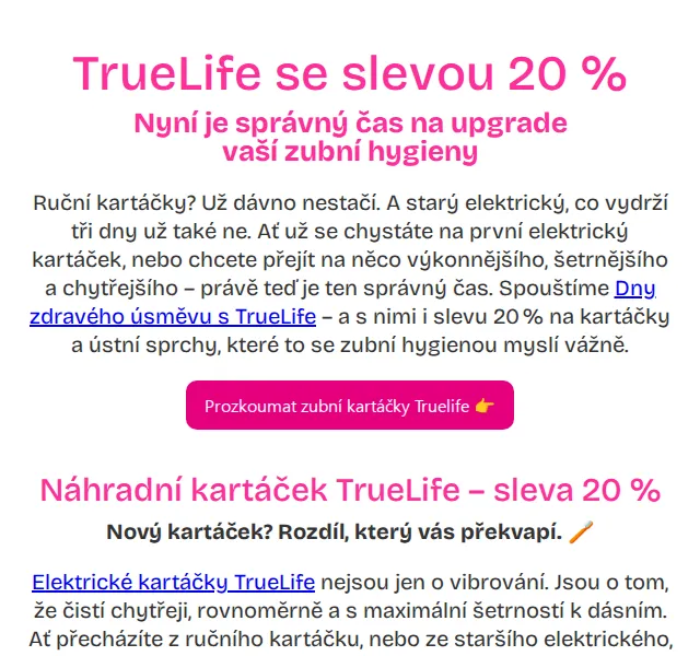 Pilulka.cz: TrueLife sleva 20 % na kartáčky a sprchy – červenec 2026 | Nuslet.cz