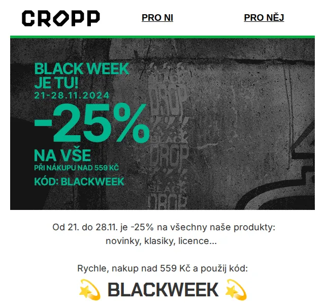 Cropp: Black Week sleva 25 % na vše – červenec 2026 | Nuslet.cz