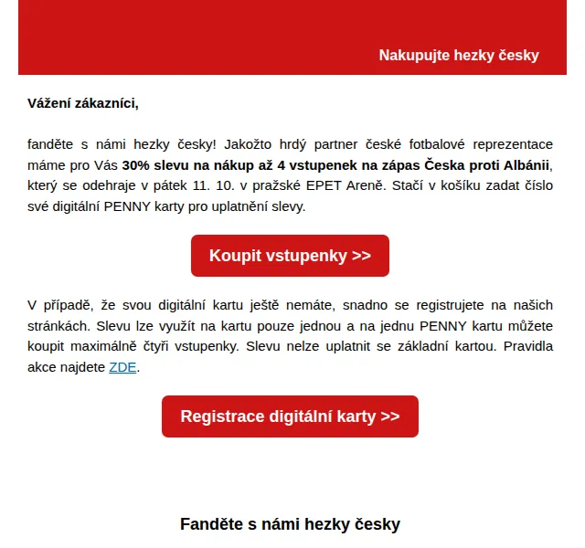 Penny: 30% sleva na vstupenky na Česko vs. Albánie – říjen 2026 | Nuslet.cz