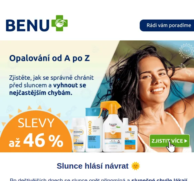 BENU E-shop: Opalovací přípravky až -46 % – červen 2026