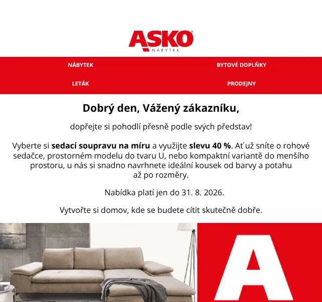 Asko Nábytek: Sedačky na míru se slevou 40 % – srpen 2026