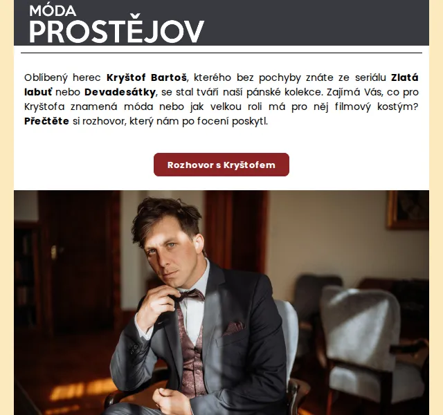 Móda Prostějov: Nová kolekce pánských obleků s Kryštofem Bartošem – červen 2026 | Nuslet.cz