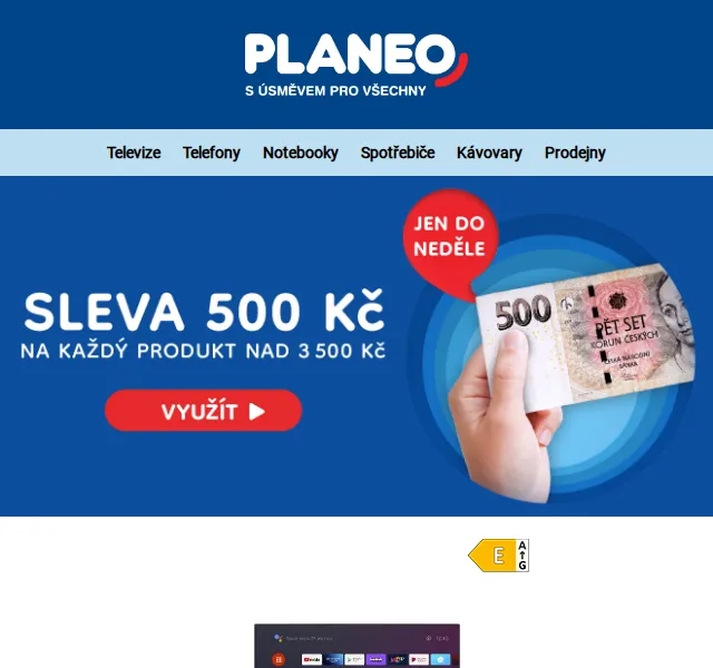 Planeo: Sleva 500 Kč na TV, spotřebiče a elektro – červen 2026 | Nuslet.cz
