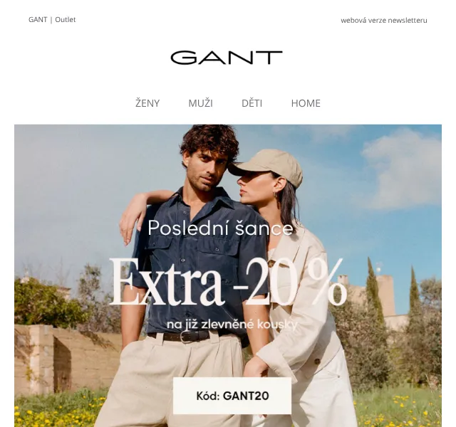 GANT: Extra 20 % sleva na outlet – květen 2026 | Nuslet.cz