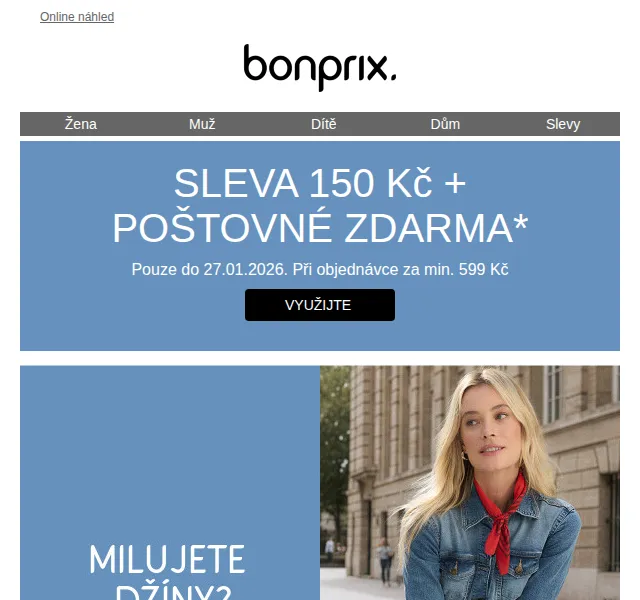 Bonprix: Sleva 150 Kč na džíny a oblečení – duben 2026