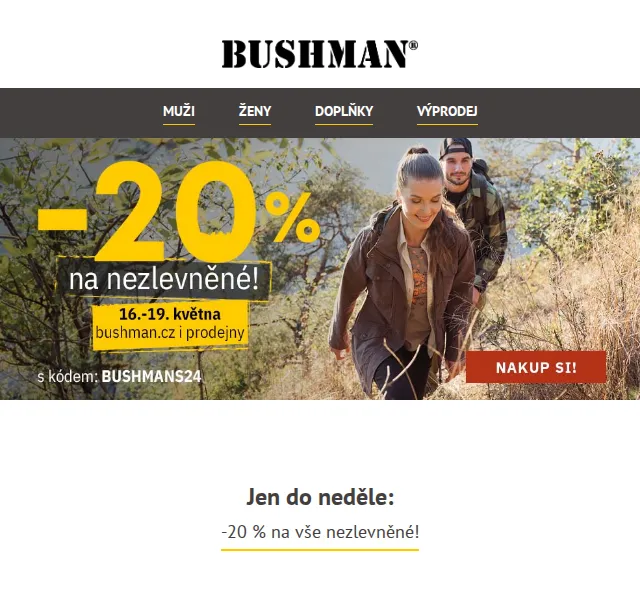 BUSHMAN: -20 % na vše nezlevněné – červenec 2026 | Nuslet.cz