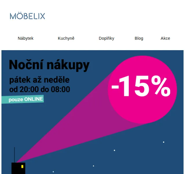 Möbelix: Nákupy se slevou 15 % v noci – červen 2026 | Nuslet.cz
