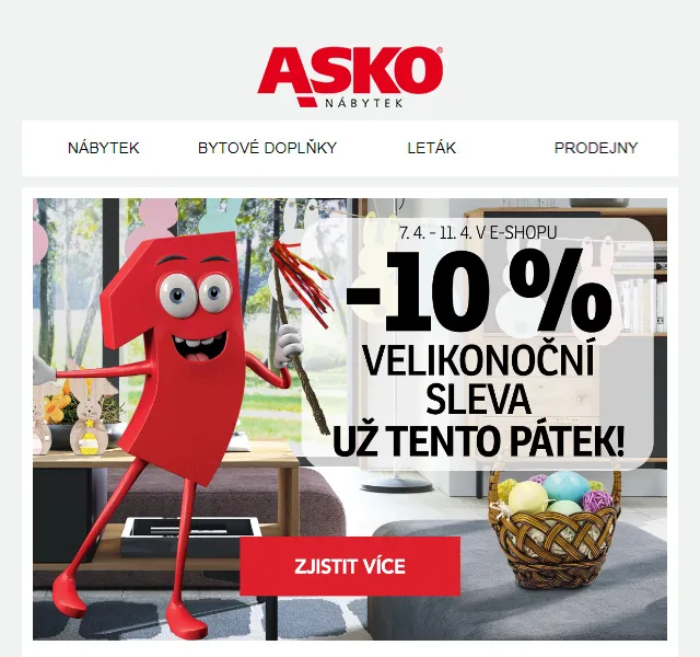 Asko Nábytek: sleva 10 % s kódem VELIKONOCE – červen 2026 | Nuslet.cz
