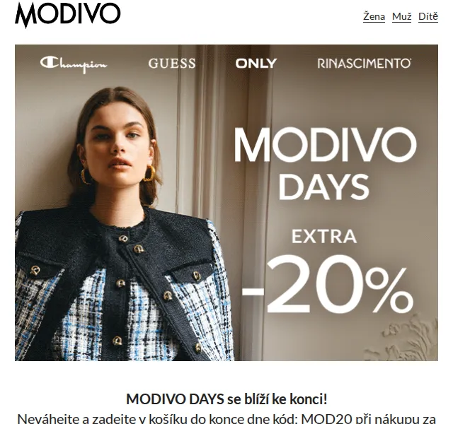 Modivo: sleva 20 % na bestsellery – červen 2026 | Nuslet.cz