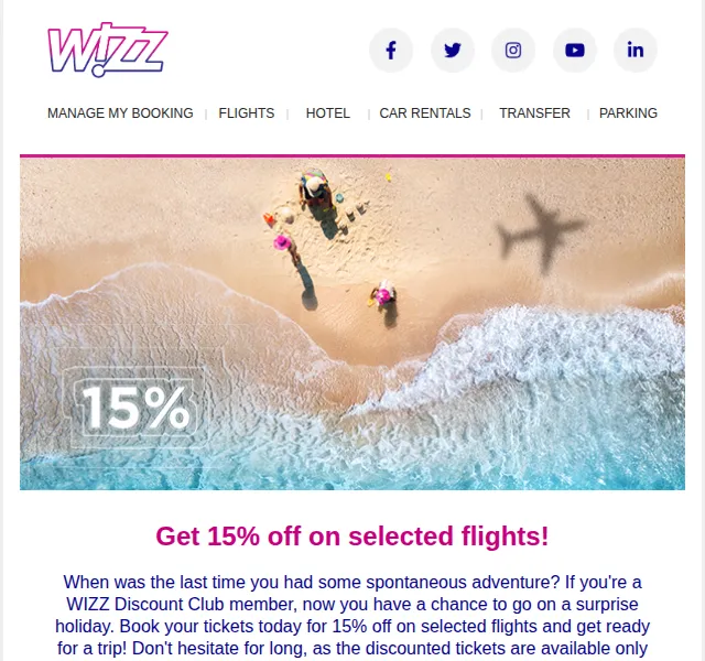 Wizz Air: 15% sleva pro členy WIZZ Discount Club – červen 2026 | Nuslet.cz