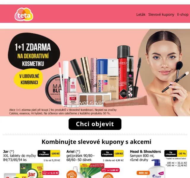 Teta drogerie: 1+1 zdarma na kosmetiku + 14 kuponů – červen 2026